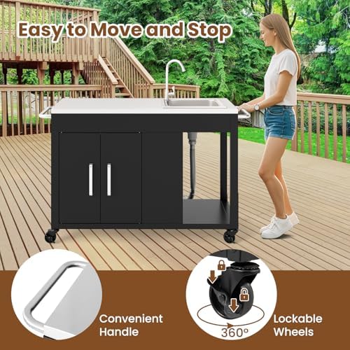 Happygrill 56" Outdoor Grill Table with Sink, Drainage & Storage Cabinet