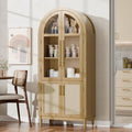 71" Tall Arched Cabinet with Glass Doors, Kitchen Pantry Storage Cabinet with Dust-Proof Rattan, 5-Tier Curio China Cabinet with Adjustable Shelves for Living Room Dining Room, Oak