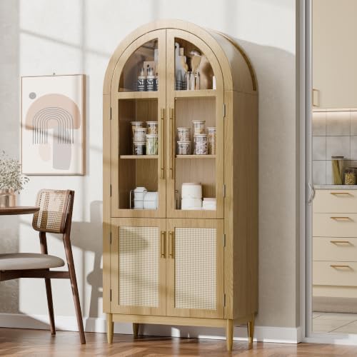 71" Tall Arched Cabinet with Glass Doors, Kitchen Pantry Storage Cabinet with Dust-Proof Rattan, 5-Tier Curio China Cabinet with Adjustable Shelves for Living Room Dining Room, Oak