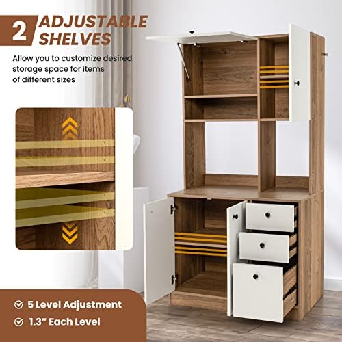 LOKO 71” Tall Kitchen Pantry Storage Cabinet with 3 Drawer, White & Natural