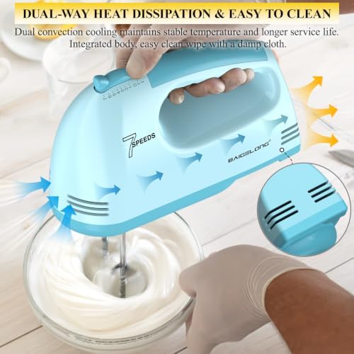 BAIGELONG Hand Mixer. 7-Speed Adjustable Kitchen Electric Mixer. With 5 Stainless Steel Attachments: 2 Hooks, 2 Beaters, 1 Whisk. Comes 1 Storage Box. Perfect for Bakers and New Starters, Blue