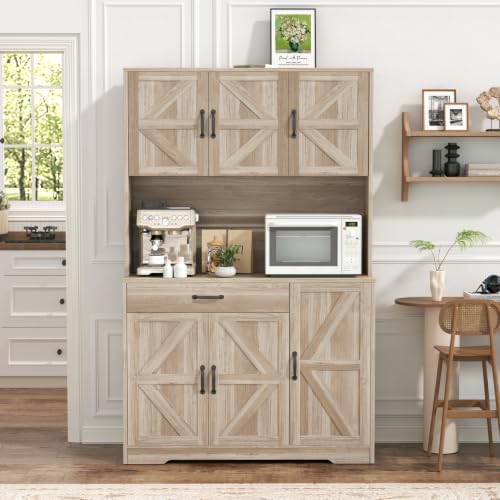 GRUSIGN 71" Pantry Cabinet with Charging Station, Large Capacity Kitchen Hutch Storage Cabinet, Kitchen Cabinet with Microwave Stand, Storage Drawers & Adjustable Shelves for Dining Room, Grey