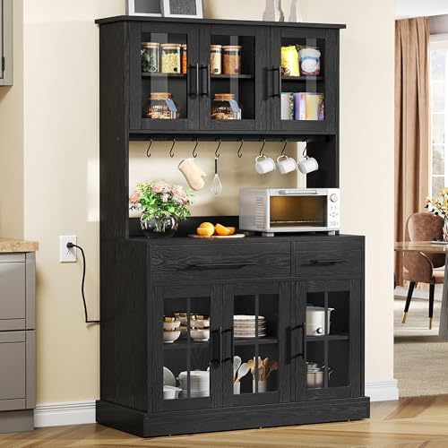YITAHOME 71" Tall Kitchen Pantry Cabinet with Microwave Stand, Black Oak