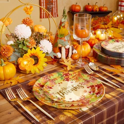 U-QE 50Pcs Thanksgiving Plastic Plates - Maple Leaves and Pumpkins Design