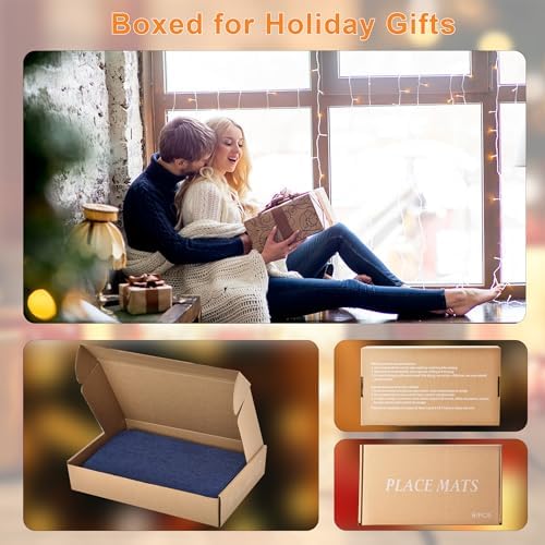 SLKQG Blue Faux Linen Placemats Set of 6, Heat Resistant Washable Double Layer Cloth Place Mats for Dining Table, Wrinkle Resistant Linen Textured Farmhouse Kitchen Decor (6, Navy Blue)