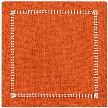 Set of 4 Handcrafted Solid Orange Color Thanksgiving Dinner Napkins, Double-Hemstitched, Square 12 x 12 Inches