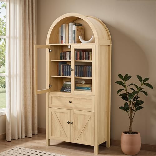 GDFStudio 71'' Arched Kitchen Pantry Cabinet, Wooden Pantry Cabinets for Kitchen Storage, Kitchen Storage Furniture with Adjustable Shelves, Multi-Functional Bookcase for Living Room, Oak