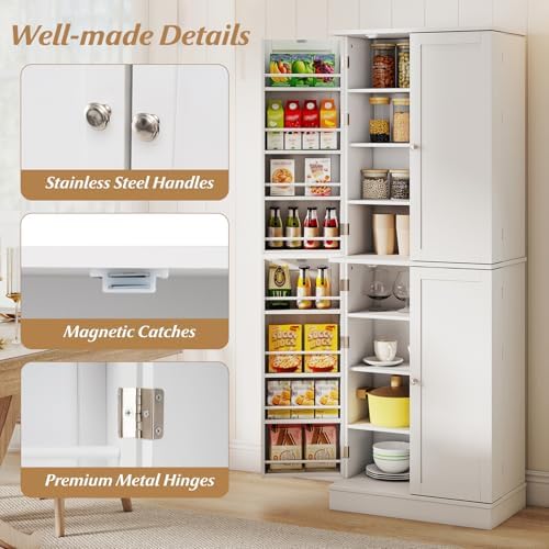 GIANTEX Kitchen Pantry Cabinet, 65.5" Tall Kitchen Hutch w/8-Tier Storage Cabinet, 16-Tier Door Shelves & Adjustable Shelves, 4-Door Freestanding Buffet Sideboard for Dining Room, Living Room, White
