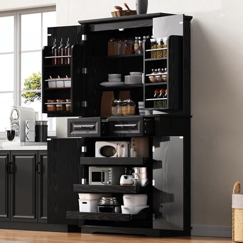 Merax 71" Tall Farmhouse Pantry Cabinet with Pull-Out Shelves, Black