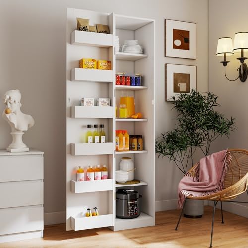 KEIKI 15.75" W Slim Kitchen Pantry Storage Cabinet with Door-Side Rack & Shelves, Tall Narrow Freestanding Sideboard Wood Hutch Food Pantries Cupboard for Coffee Bar, Dining Room