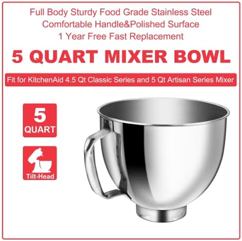 5 Quart Stainless Steel Mixer Bowl for Kitchenaid 4.5/5 Qt Tilt-Head Mixer