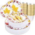 KIRE 150PCS Thanksgiving Plates Dinnerware Maple Leaves - Plastic Thanksgiving Plates with Gold Silverware Include 25Dinner 25Salad 25Forks 25Knives 25Spoons 25Gold Cups