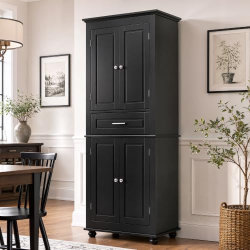 Merax 63" Pantry Cupboard with Four Doors & One Drawer, Bathroom Storage Cabinet with Adjustable Shelves for Home/Living Room/Dining Room/Kitchen, Black