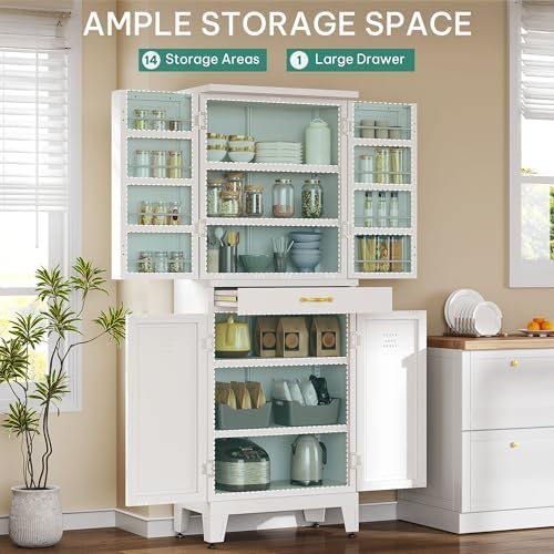 YITAHOME 71" Metal Pantry Cabinet with Drawer, Shelves & Door Racks, White