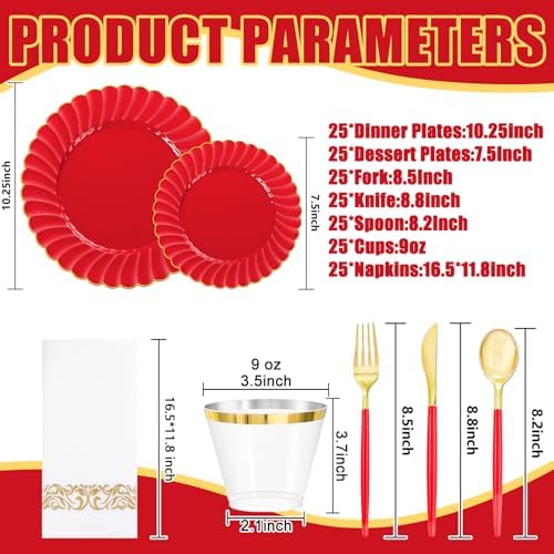 Ciaell 175 Piece Red and Gold Plastic Plates for Weddings Parties