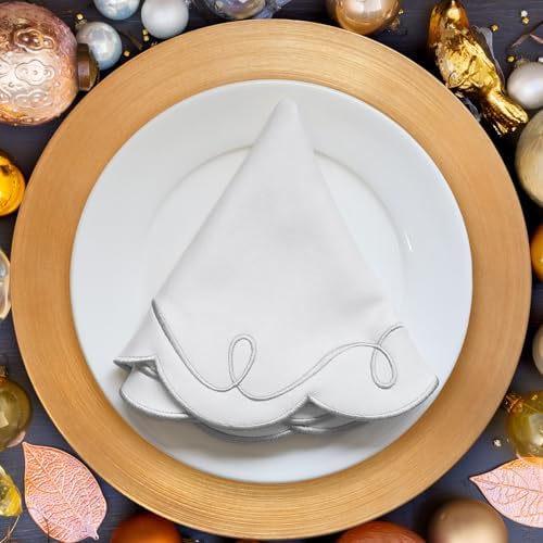 16.5 Inch Ribbon Twirl Embroidery Round Placemats Set of 4, Scalloped Round Table Mats for Party Kitchen Dining Decoration, Gray
