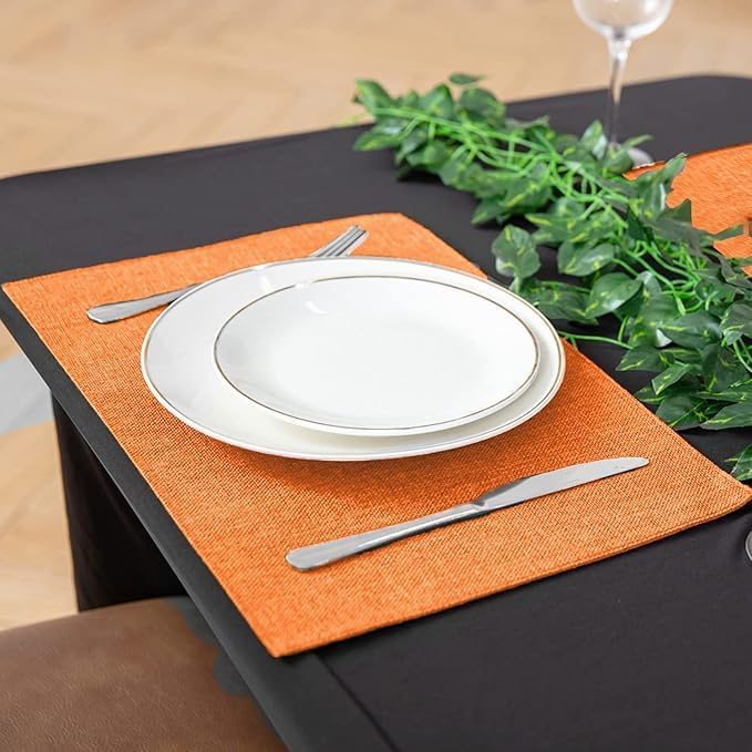 Linen Placemats Set of 8, Machine Washable, Heat Resistant, Wrinkle Free, Thick Polyester Kitchen Place Mats for Dining Table (Orange)