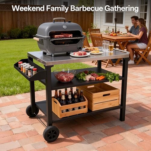 KEIKI 3-Tier Outdoor Grill Cart Table with 2 Wheels, Seasoning Tray, Movable BBQ Cooking Prep Table, Pizza Oven Table, Serving Bar Cart for Backyard, Indoor, Outside, Kitchen Room, Stainless Steel