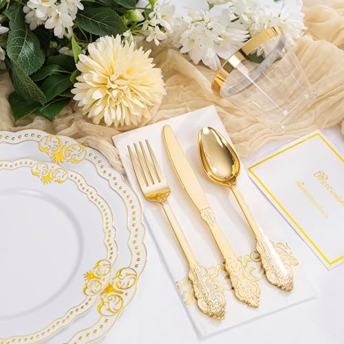 Ciaell 175 Piece White and Gold Plastic Plates for Weddings Parties