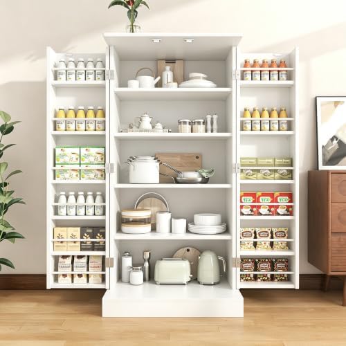 kepptory 47" Kitchen Pantry Storage Cabinet, Freestanding Tall Cabinet with Doors and Adjustable Shelves, Large Food Storage Organizer for Kitchen, Dining Room, Living Room, Farmhouse Cupboard, White