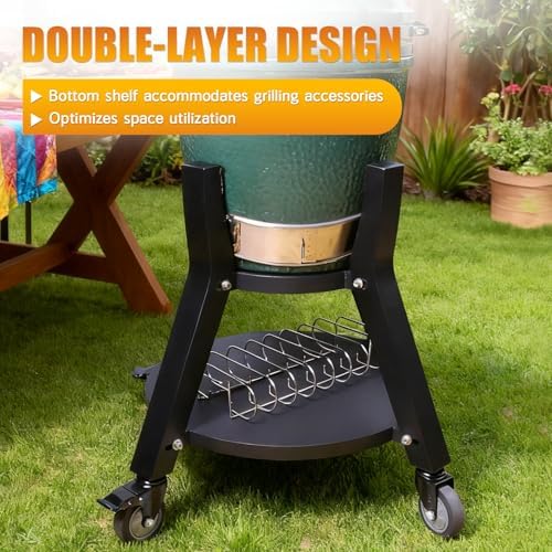 Heavy-Duty Rolling Cart for Medium Big Size Green Egg, Adjustable Cart 2-Tier Powder-Coated Steel Stand with Locking Wheels Extra Storage for Green Egg Grill Accessories