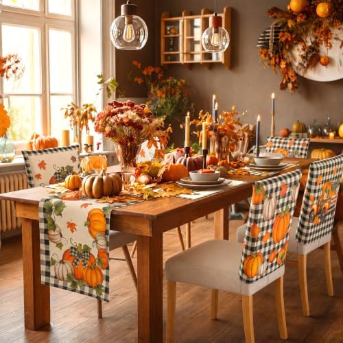 Newtay 13 Pcs Fall Pumpkin Table Runner Placemat and Dining Chair Cover Set