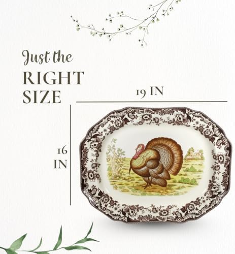 Spode Woodland 19" Octagonal Serving Platter, Turkey Motif - Fine Porcelain Thanksgiving Dinnerware with British Flower Boarder for Holiday Feasts and Family Gatherings, Microwave & Dishwasher Safe