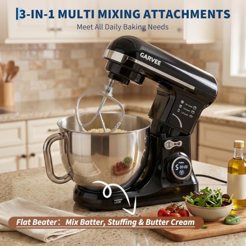 Garvee 5.3 QT Tilt-Head Stand Mixer, 500W Motor, 8-Speed Electric Kitchen Mixer with Stainless Steel Bowl, Dough Hook, Flat Beater & Wire Whisk for Bread Dough, Cake, Cookies & Pizza, Black