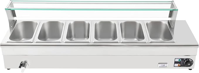 DYNAMI 110V 1200W 6 Pan Commercial Buffet Food Warmer, 6 x 3.1QT 1/3 GN 6in Deep Stainless Steel Electric Countertop Steam Table with Glass Cover & Temperature Control,for Parties Buffet Catering