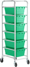 19"x26"x69" Mobile Aluminum Lug Rack with 6 Green Meat Lugs/Tote Boxes - NSF Heavy-Duty Commercial Portable Storage Cart with 5" Casters, 400 lb., Food Prep and Dishroom Durable Utility Rack