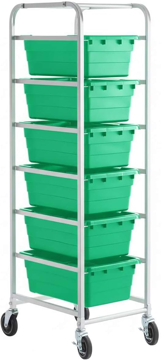 19"x26"x69" Mobile Aluminum Lug Rack with 6 Green Meat Lugs/Tote Boxes - NSF Heavy-Duty Commercial Portable Storage Cart with 5" Casters, 400 lb., Food Prep and Dishroom Durable Utility Rack