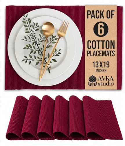 100% Cotton Ribbed Placemats - Set of 6-13 x 19 Inches - Maroon/Burgundy/Dark Red - Everyday/Fall Cloth Table Mats - Thick Construction, Washable & Reusable Cloth Place Mats - by AVKA Studio
