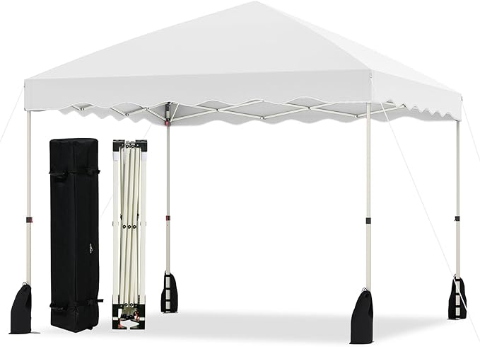 Tangkula 10x10 FT Pop Up Canopy, UPF50+ Easy Set up Instant Tent with Wheeled Bag, 8 Stakes, 4 Anchors, 4 Wind Ropes, 4 Sandbags, Heavy Duty Outdoor Canopy Tent 10x10 for Patio Party Backyard (White)