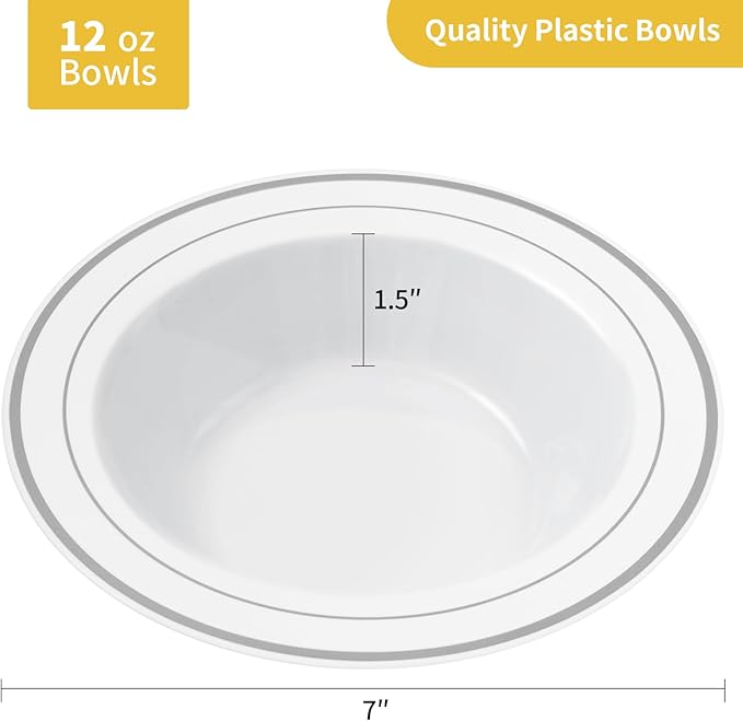 Goodluck 50 Pack Plastic Bowls with Silver Rim, 12oz Disposable Soup Bowls for Weddings, Parties, Dinners, Catering, and Everyday Use