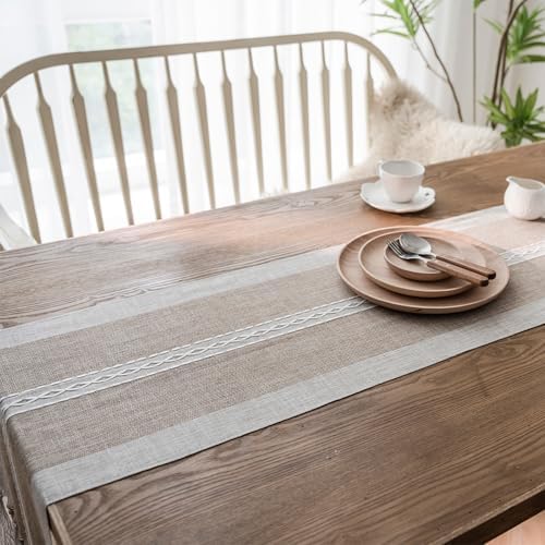 Niviy Farmhouse Table Runner, Embroidered Striped Braided Coffee Boho Table Runner, Cotton Linen Farmhouse Table Decoration for Holiday Party 12 x 108 Inches