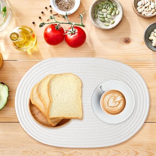 Oval Woven Placemats Set of 8 Heat Resistant Placemats 17 x 12 Inches Farmhouse Cotton Rope Place Mats for Dining Tables Trivets for Hot Dishes, White