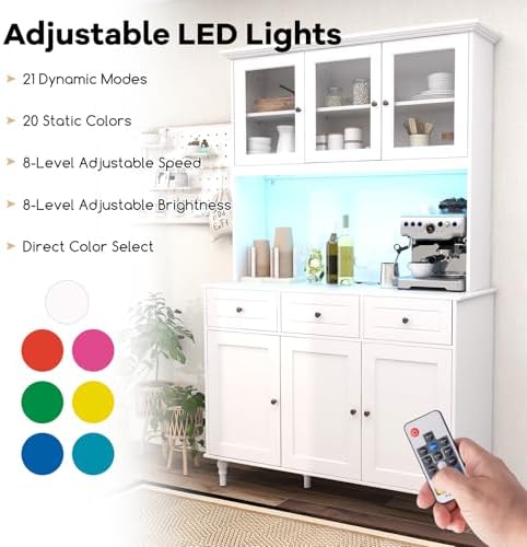 GIANTEX 77” Large Pantry Cabinet, Kitchen Buffet Hutch w/LED Lights 20 Colors, Outlet, 3 Drawers, Microwave Countertop, Freestanding Cupboard with 4 Adjustable Shelves & Tempered Glass Doors (White)