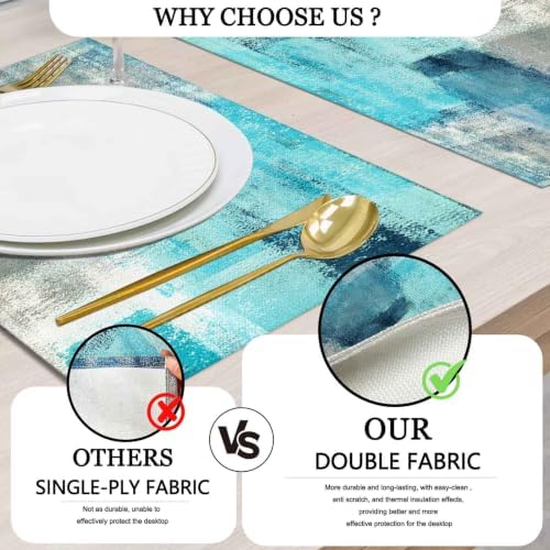Mcalk Farmhouse Turquoise Table Runner and Placemats Set of 6 Pieces,Teal Turquoise Placemats Modern Art,Blue Grey Abstract Art Cloth Place Mats for Kitchen,Linen Material for Dining Table
