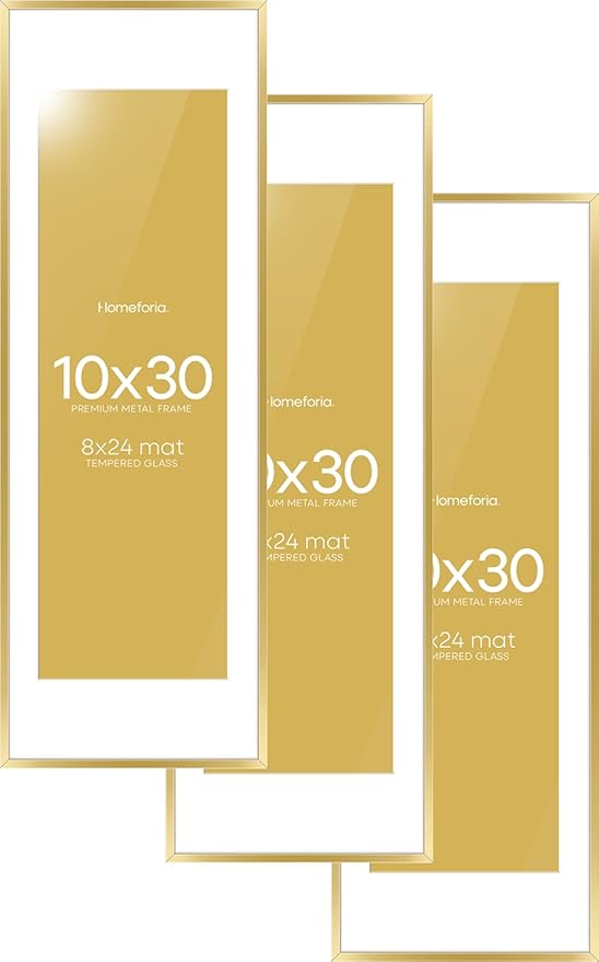 Homeforia 10x30 Picture Frame Gold, High End Metal 10x30 Poster Frames with Mat 8x24 inch Photo, 10 x 30 Gold Frames Matted to 8 by 24 Print, 30x10 Panoramic Frames, Tempered Glass, Wall Kit, Set of 3