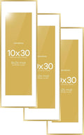 Homeforia 10x30 Picture Frame Gold, High End Metal 10x30 Poster Frames with Mat 8x24 inch Photo, 10 x 30 Gold Frames Matted to 8 by 24 Print, 30x10 Panoramic Frames, Tempered Glass, Wall Kit, Set of 3