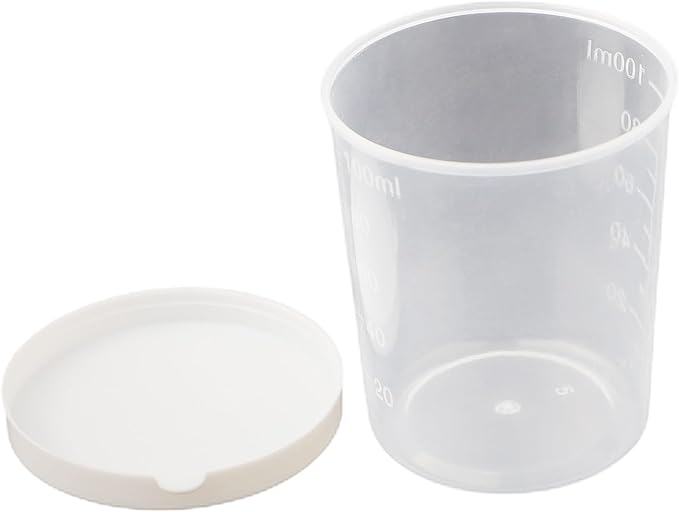 100ml Medicine Measuring Cups - 10 Pcs Clear Plastic Containers with White Lids for Liquid and Sample Measurement