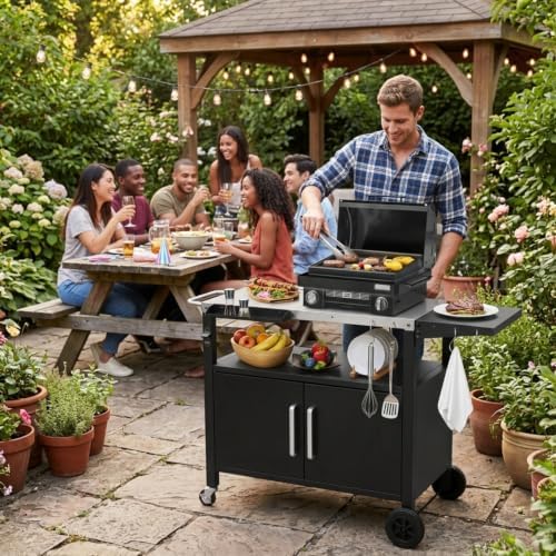 Outdoor Grill Cart with Storage, Foldable Side Shelf & Wheels, Black