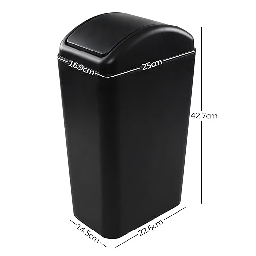 Vababa 3 Gallon Black Plastic Swing Top Trash Can, Small Slim Garbage Bin with Swing Lid