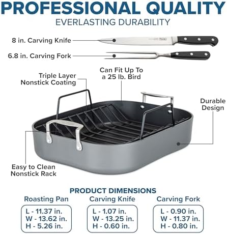 Viking Hard Anodized Aluminum Nonstick Roasting Pan with Non Stick Rack and Carving Set, 16 x 13 Inch Kitchen Cookware, Dishwasher and Oven Safe, Dark Grey