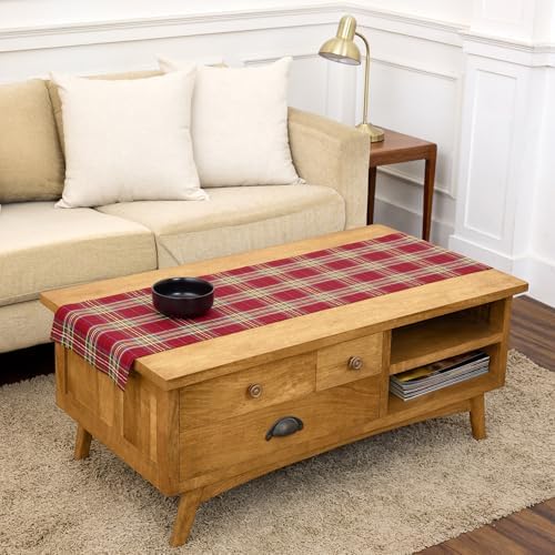 Solino Home 100% Linen Table Runner Red, Classic Tartan Plaid 14 x 60 in