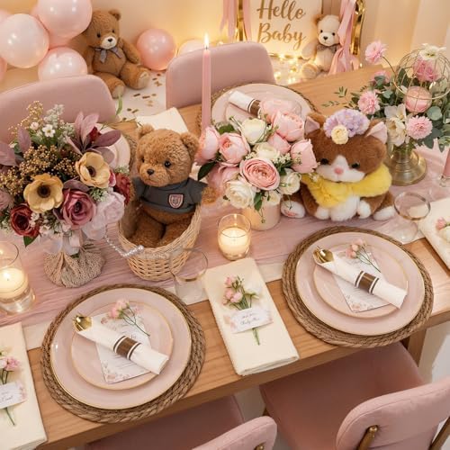 KIRE 350 PCS Pink Disposable Plates - Plastic Dinnerware Set for Wedding