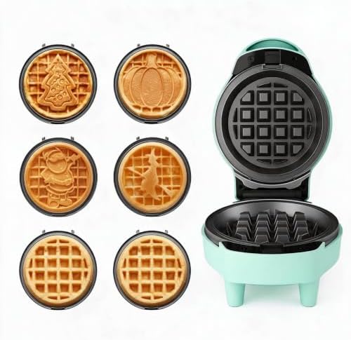6in1 Mini Waffle Maker, Waffle Iron with 6 Removable Plates, Green