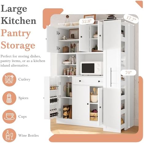 Ball & Cast 70" Farmhouse Kitchen Pantry Cabinet with Hutch, Large Buffet Cabinet with 7-Tier Pull-Out Side Storage, 6 Doors, Drawer, Adjustable Shelves, Freestanding Coffee Bar & Cupboard, White