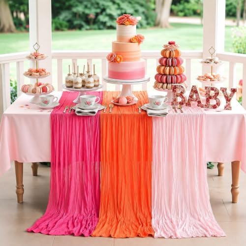 12 Pcs Hot Pink and Orange Cheesecloth Table Runners 118"