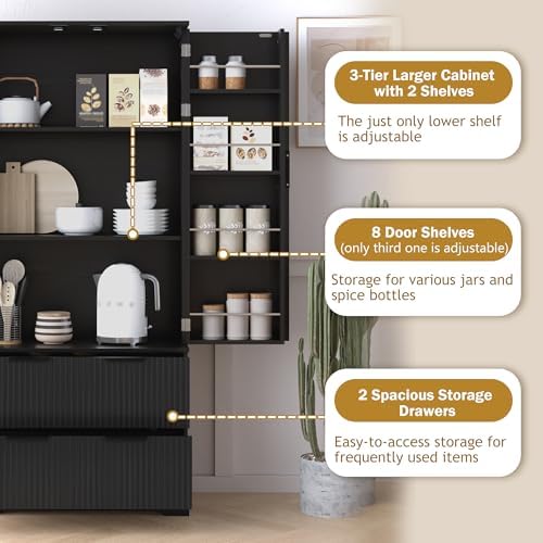 KEIKI 72" Fluted Kitchen Pantry Cabinet with 2 Drawers & 8 Door Spice Racks, Tall Freestanding Storage Cabinet with Adjustable Shelf for Kitchen, Dining Room, Bathroom, Black